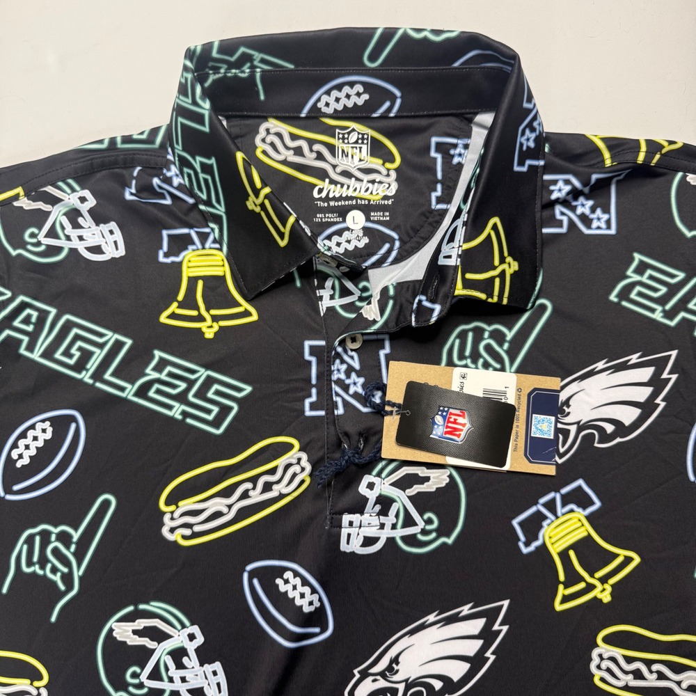Chubbies Performance Polo Men Large Black Neon Philadelphia Eagles NFL Shirt NWT